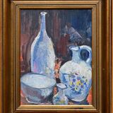 Still life painting with bowls, decanter and flower pitcher