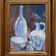 Tableau nature morte aux bol, carafe et pichet fleuri