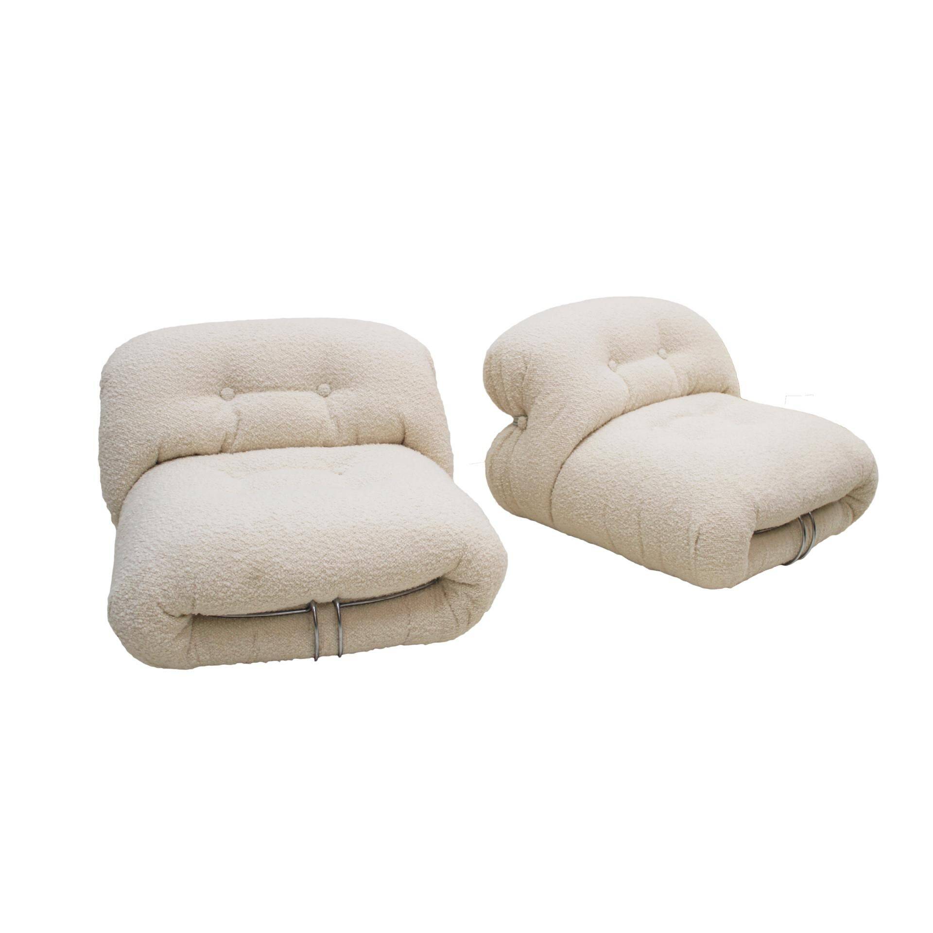 Mid Century White Wool "Soriana" Armchairs by Tobia Scarpa Edited by Cassina