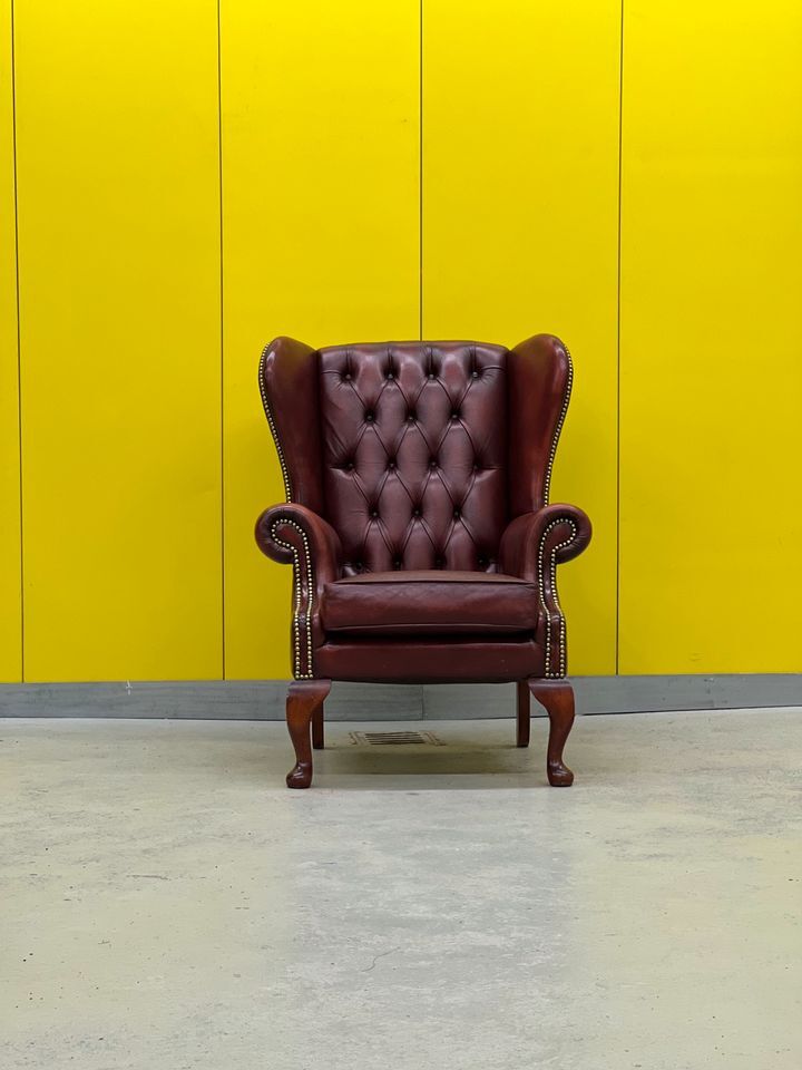 Burgundy leather vintage chesterfield wing chair