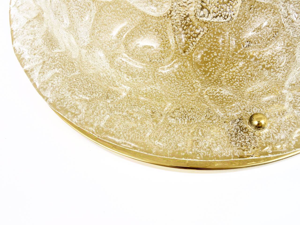 Large Hillebrand ceiling light in textured bubble glass and brass, Germany, 1970s.