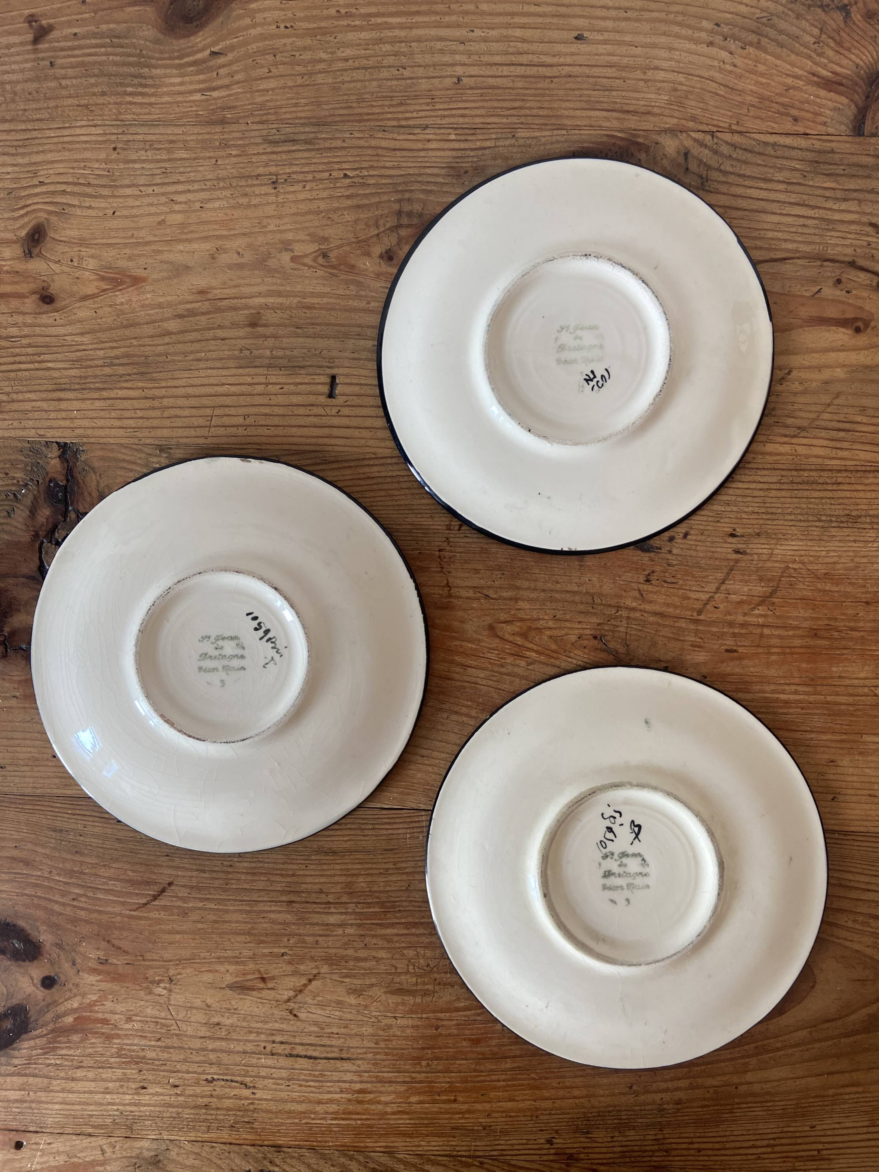 Set of 3 Breton earthenware cups & saucers