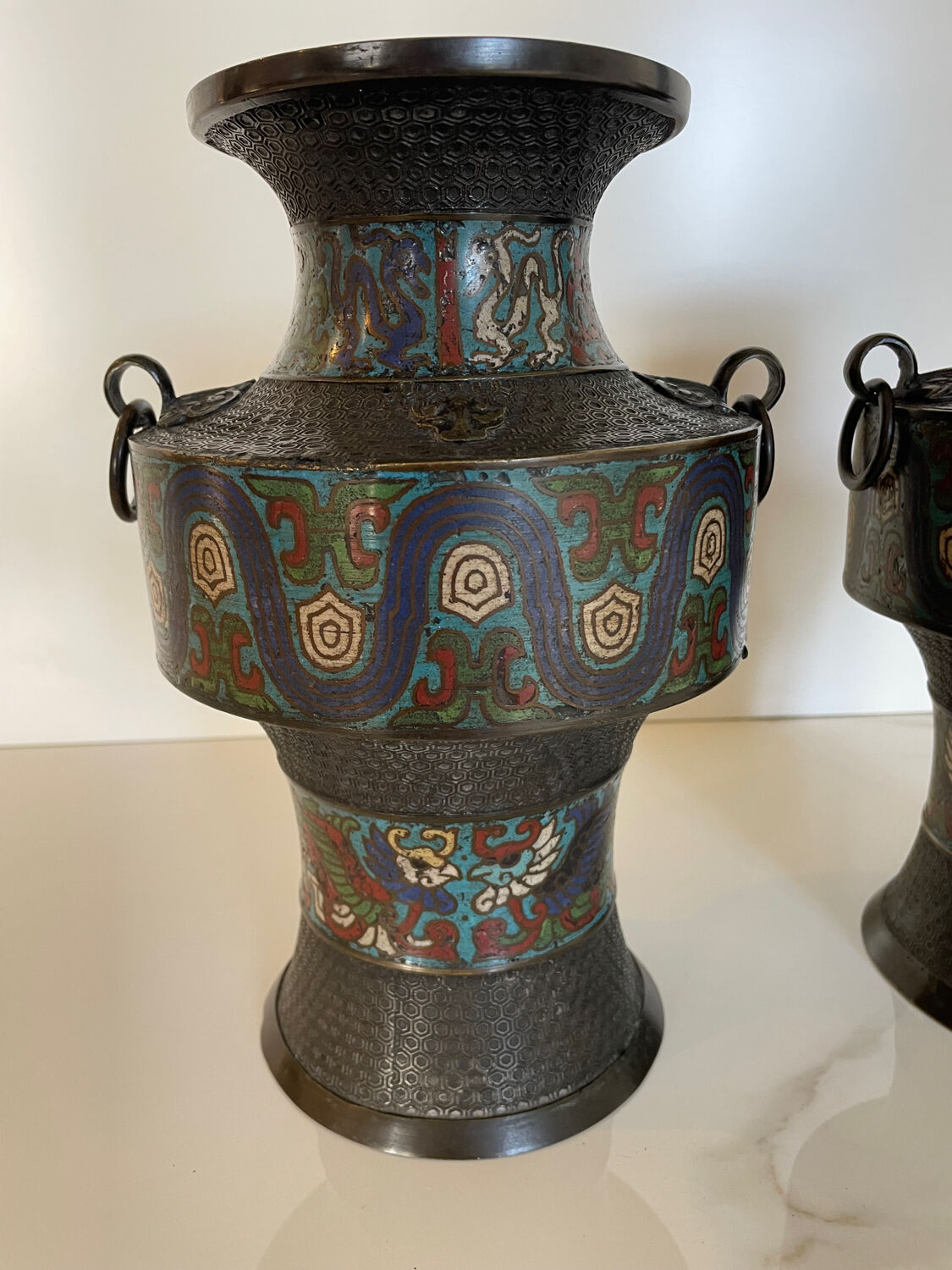 Pair of antique cloisonné bronze vases, China or Japan circa 1900-1930.