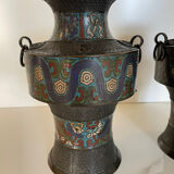 Pair of antique cloisonné bronze vases, China or Japan circa 1900-1930.
