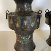 Pair of antique cloisonné bronze vases, China or Japan circa 1900-1930.