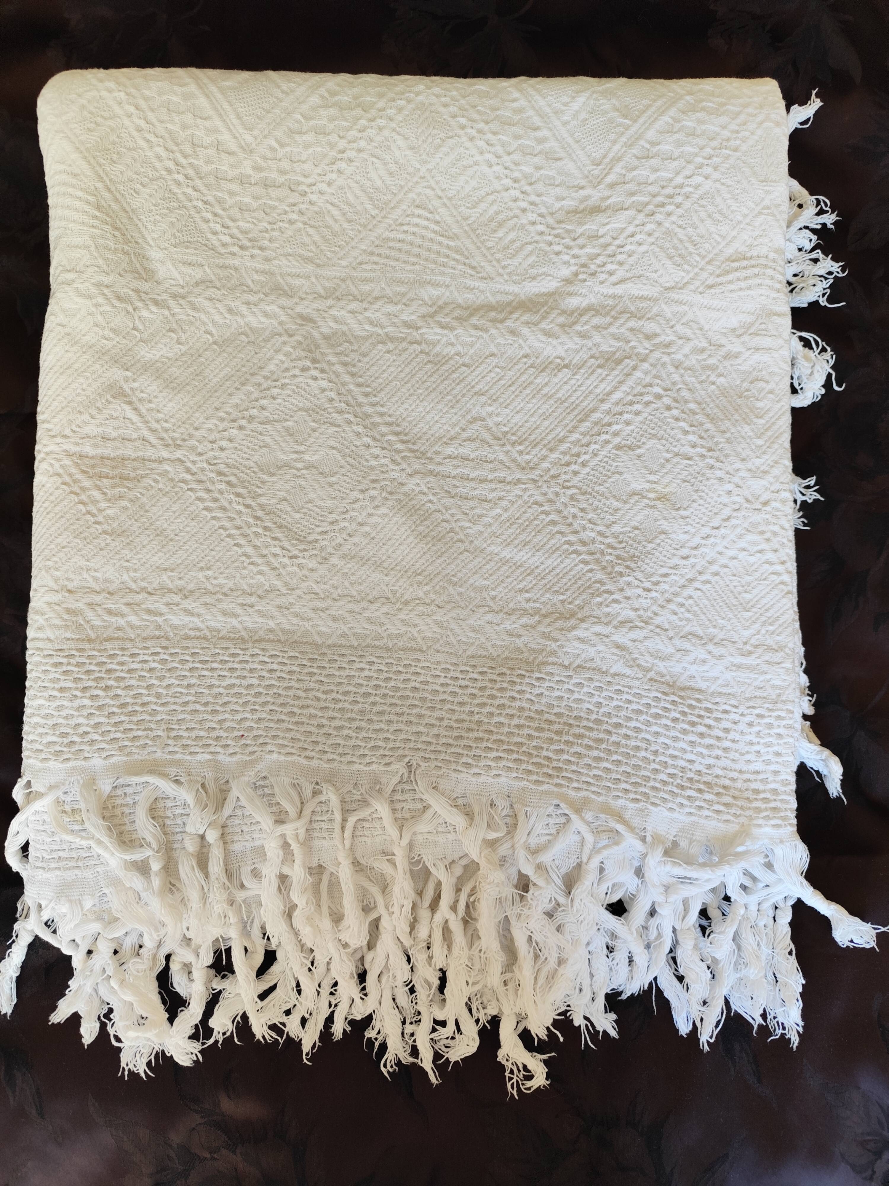 White cotton bedspread, vintage woven cotton bed throw.