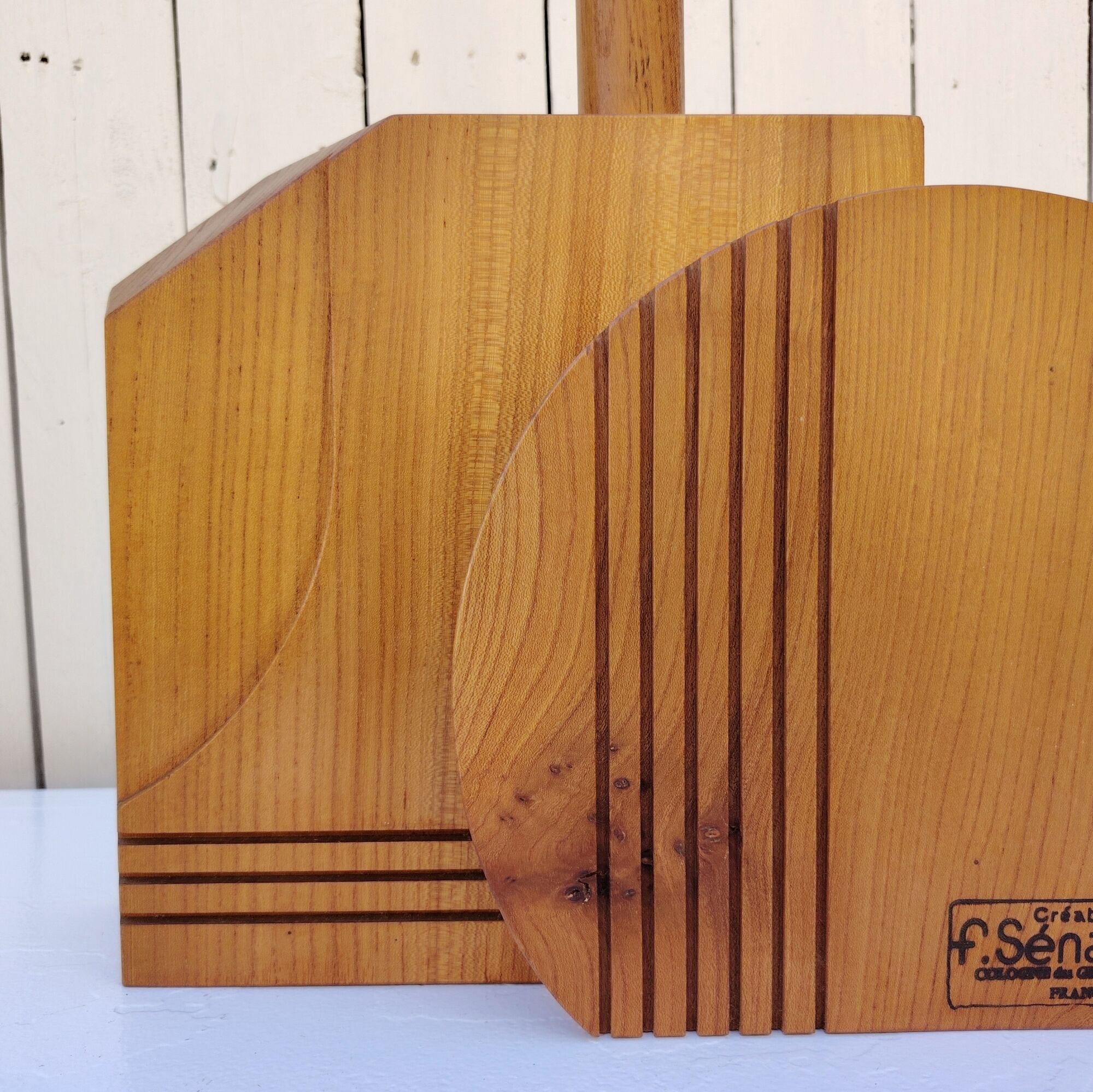 Large wooden lamp, geometric, 1970s design, F. Sénac