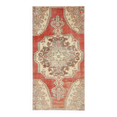 Tapis couloir vintage turc Oushak fait main en laine et coton rouge des années 1970, 98x195.