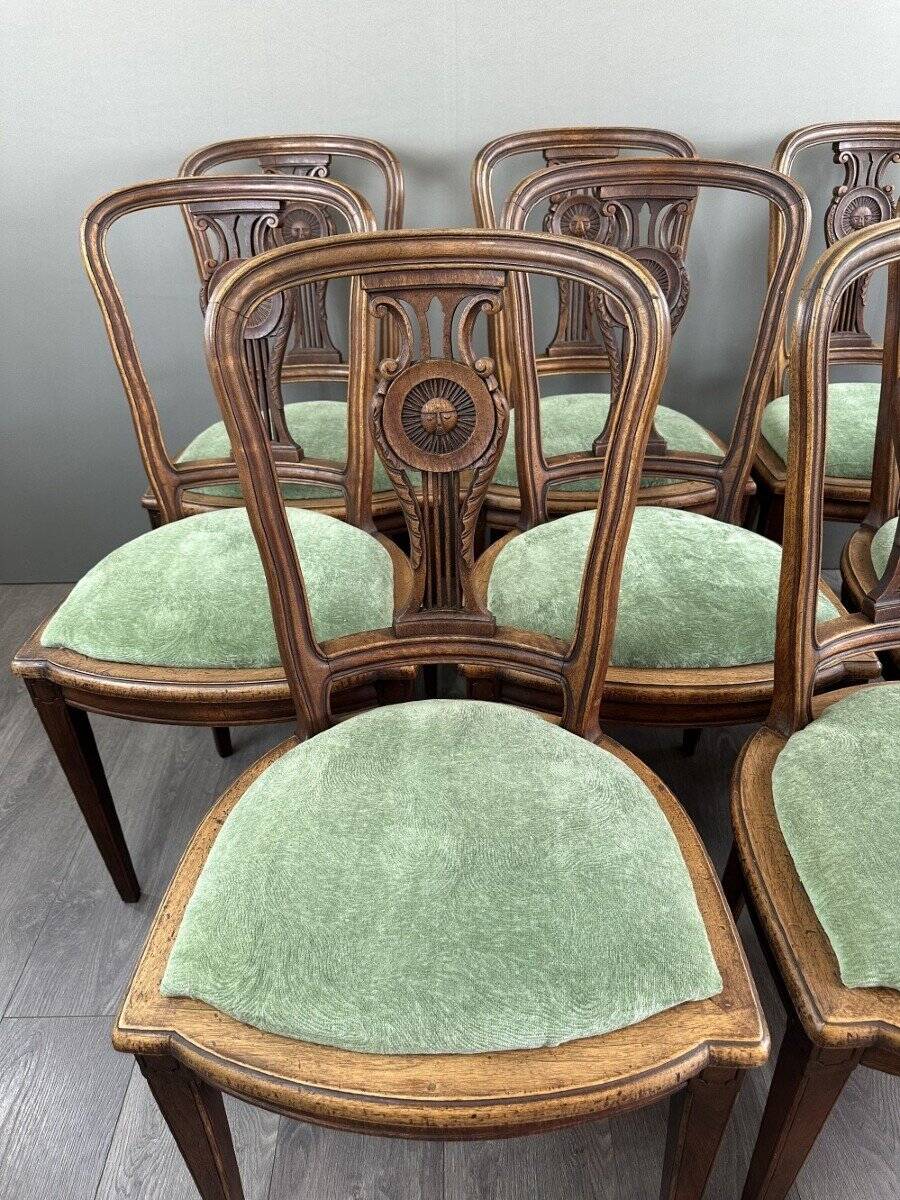 8 Vintage Wooden Chairs With Green Velvet Seat 20th Century
