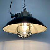 Black enamel and cast iron industrial cage pendant light , 1950s