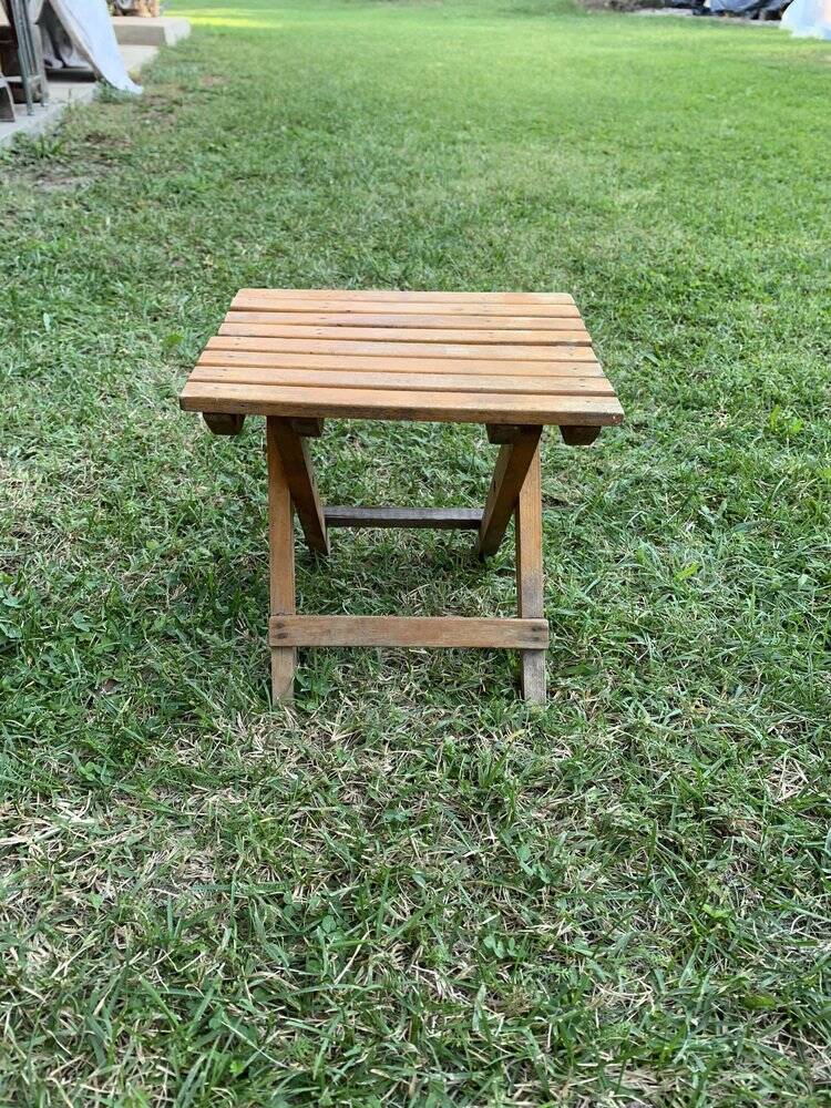 Brown wooden folding stools from the 1950s — slatted seat, folding mechanism X