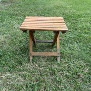 Brown wooden folding stools from the 1950s — slatted seat, folding mechanism X