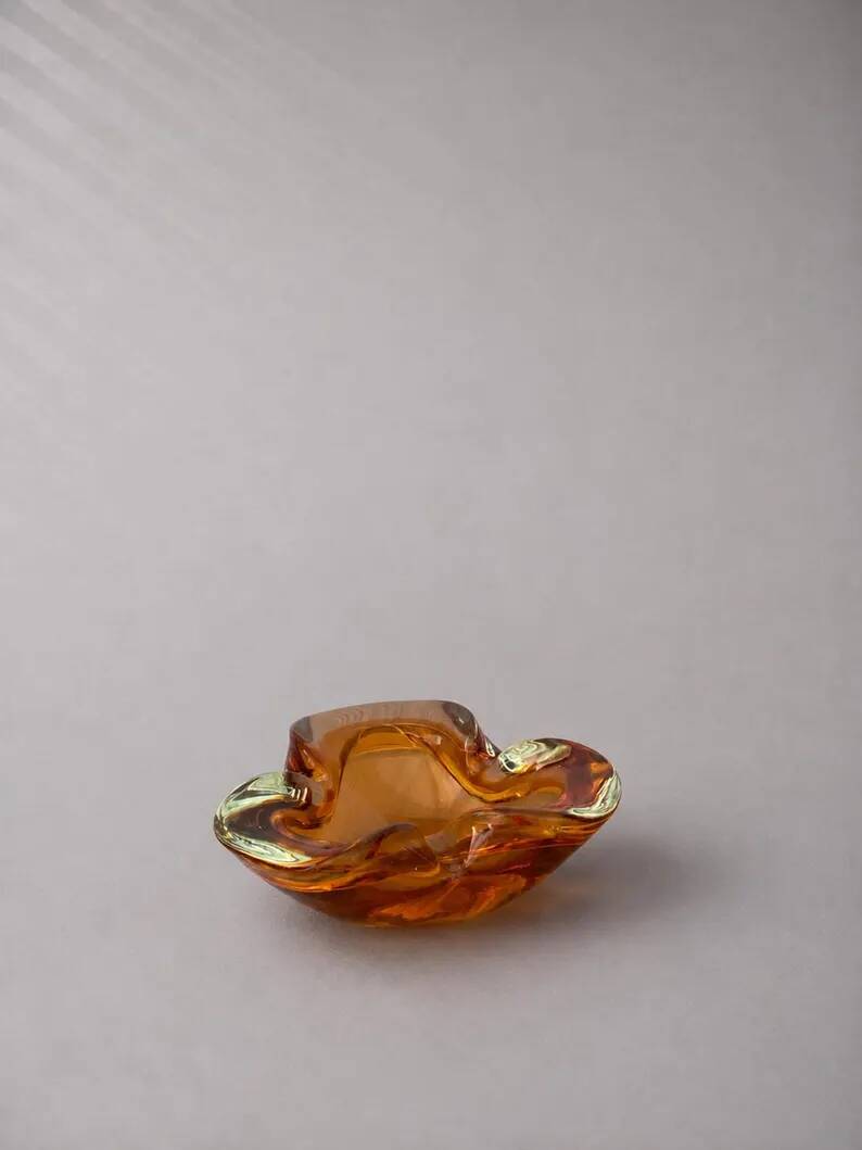 Vintage amber art glass ashtray in Murano style, sculptural free-form hand-blown bowl, glass catchall, Mid-Century Italy.
