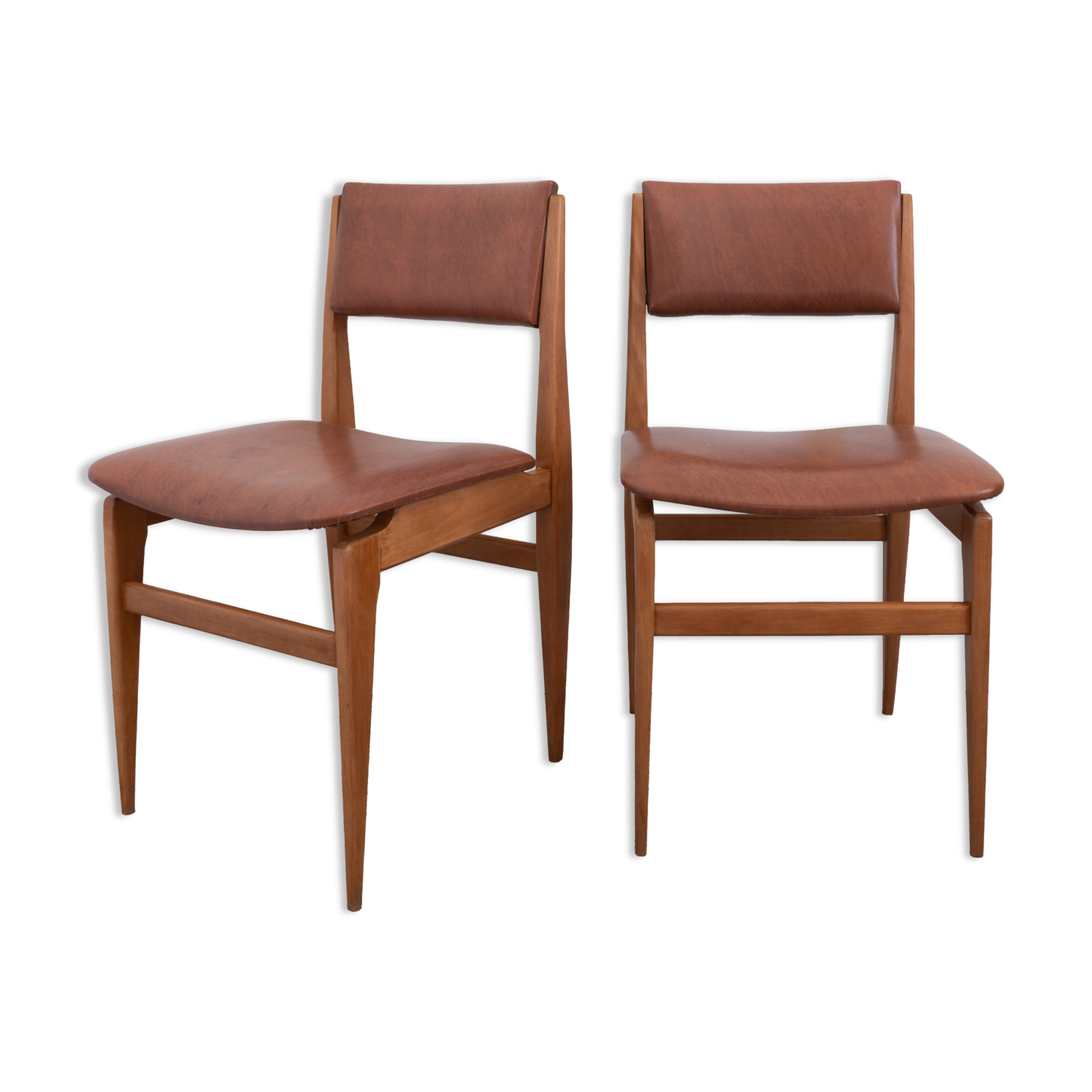 Pair of chairs in wood and brown skaï
