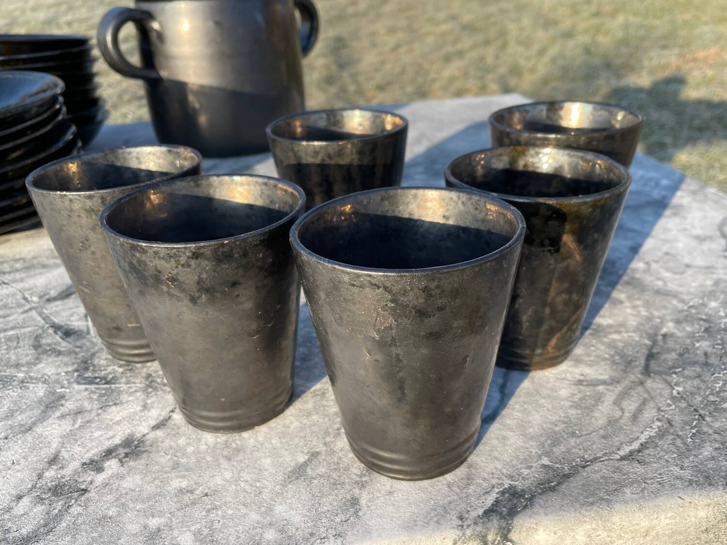 Vallauris service, the pottery of the great oak. Black metal glazed ceramics.