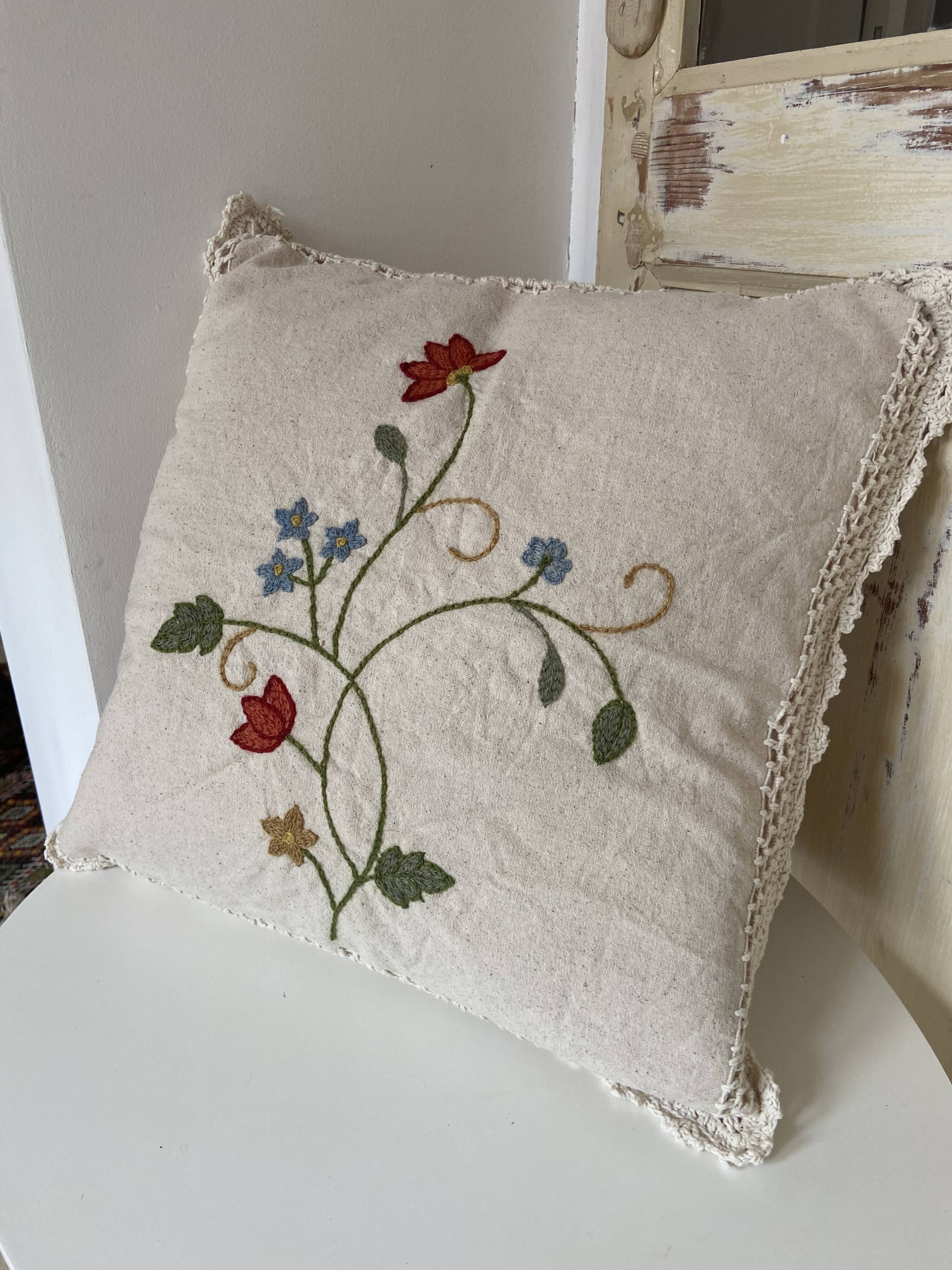Linen Cushion Cover Embroidered with Flowers