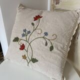 Housse de Coussin en Lin Brodée de Fleurs