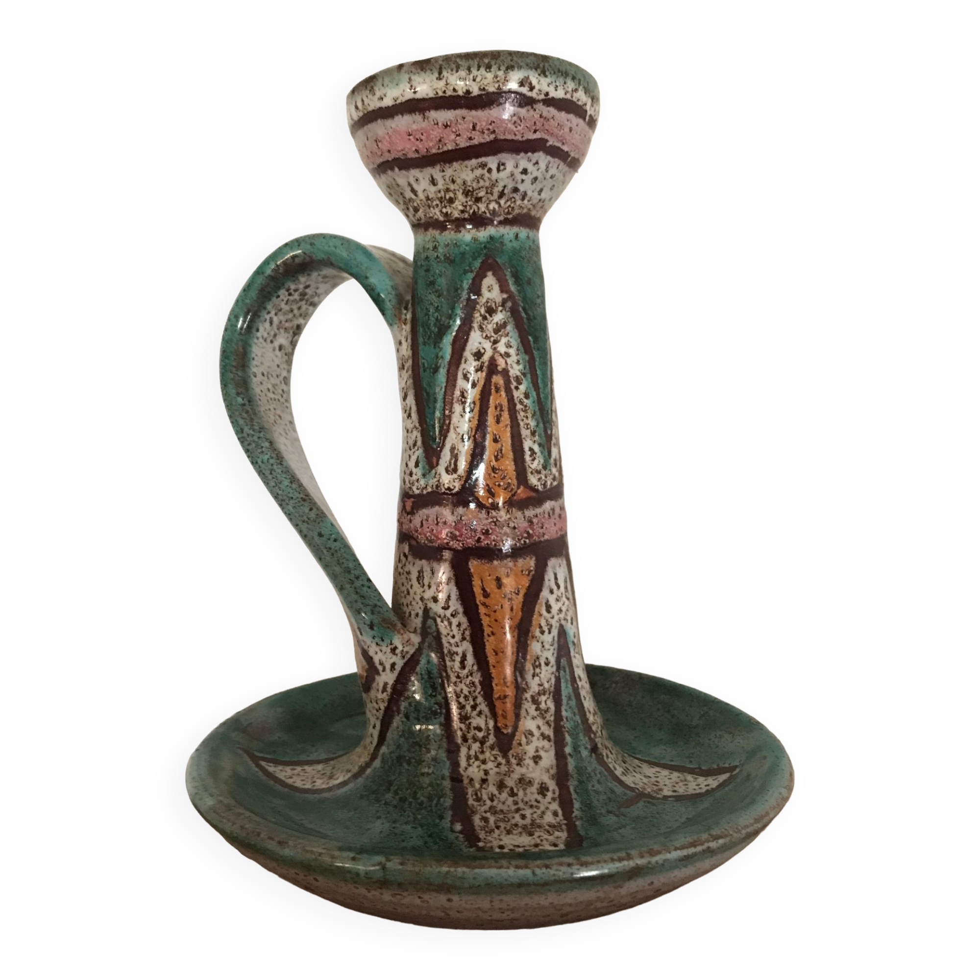 Hand candleholder in enamelled ceramic, polychrome paint, art deco, numbered