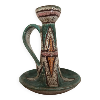 Hand candleholder in enamelled ceramic, polychrome paint, art deco, numbered