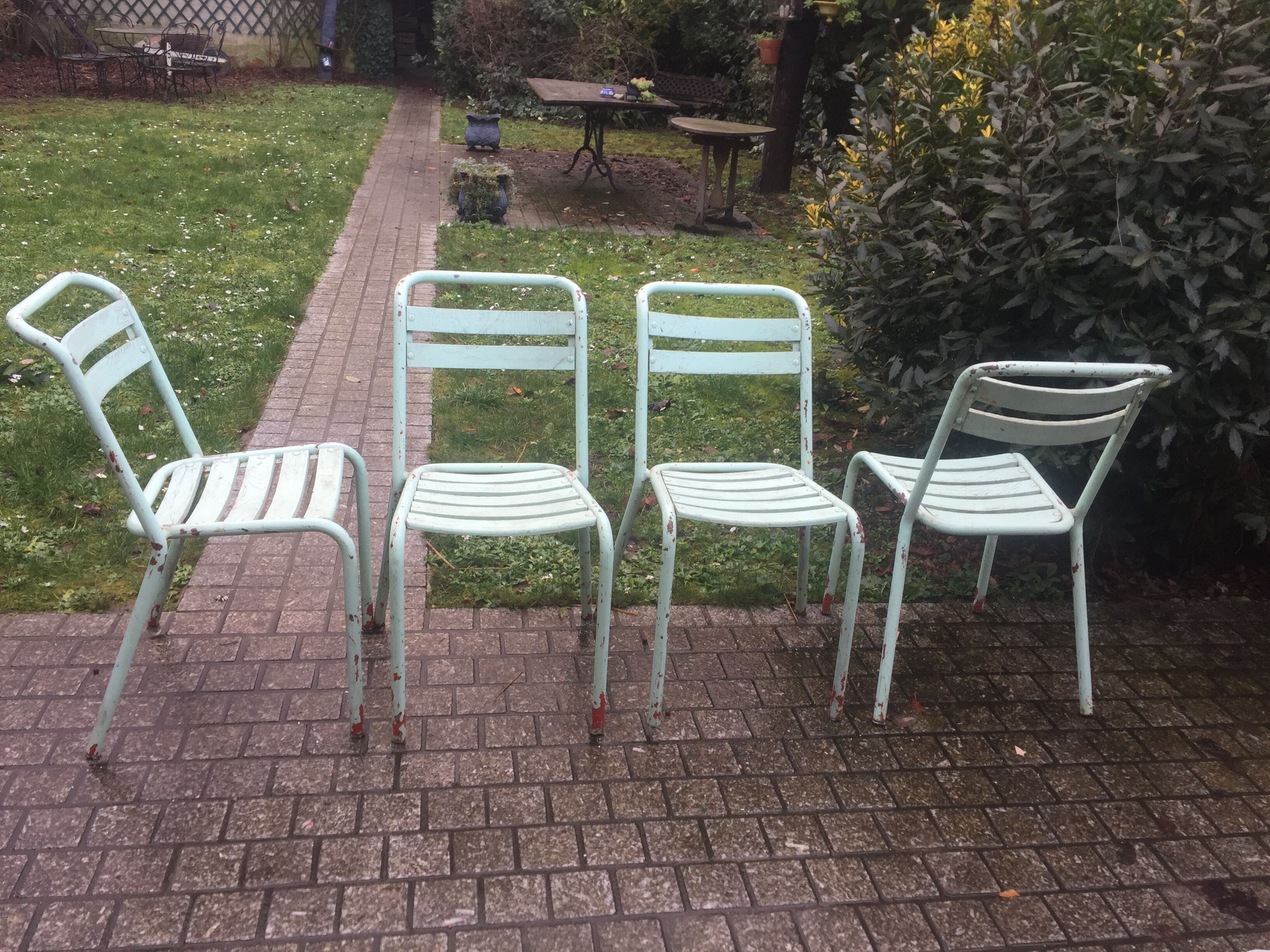 4 chaises vintage tolix bois et métal vert d'eau 1950