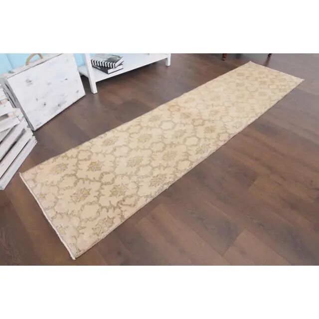 1970s vintage Turkish hand-knotted wool cotton beige runner rug 62x261