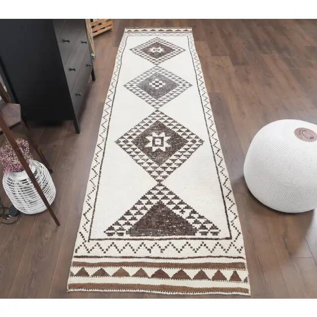 Vintage Turkish Oushak Handmade Wool Cotton White Runner Rug 90x345