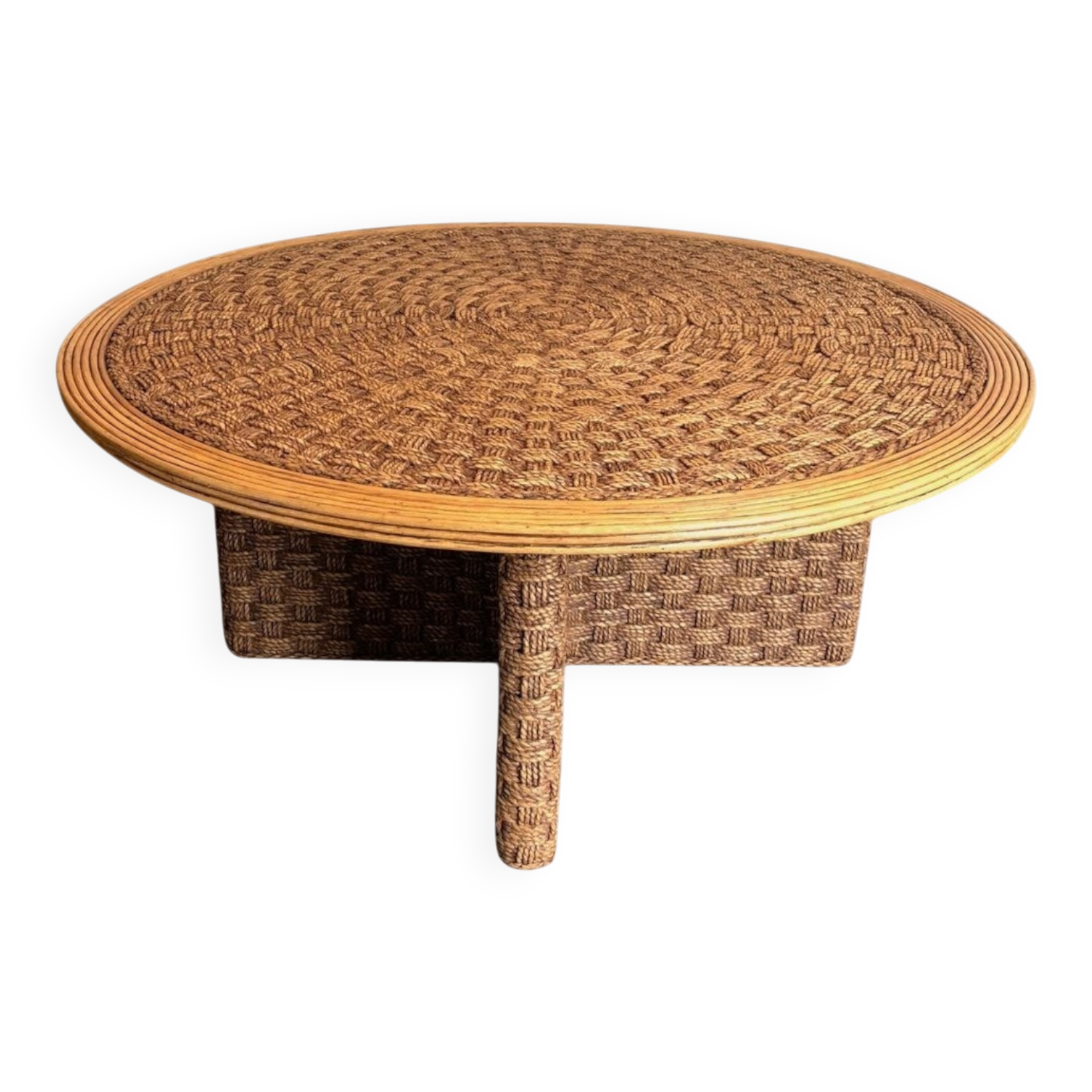 Large Round Coffee Table in Rope and Wood, in the Style of Audoux-Minet, Fra