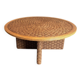 Large Round Coffee Table in Rope and Wood, in the Style of Audoux-Minet, Fra