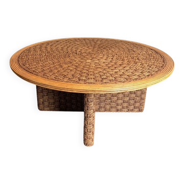 Grande Table Basse Ronde en Corde et Bois, dans le Goût d’Audoux-Minet, Fra