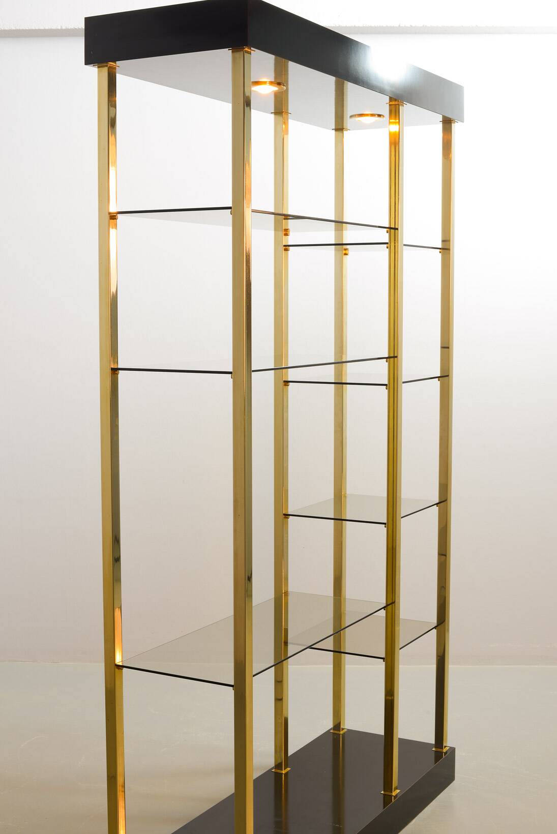 Black Belgo Chrom Hollywood Regency 20 Carat Gold Plated Shelving Unit 70s