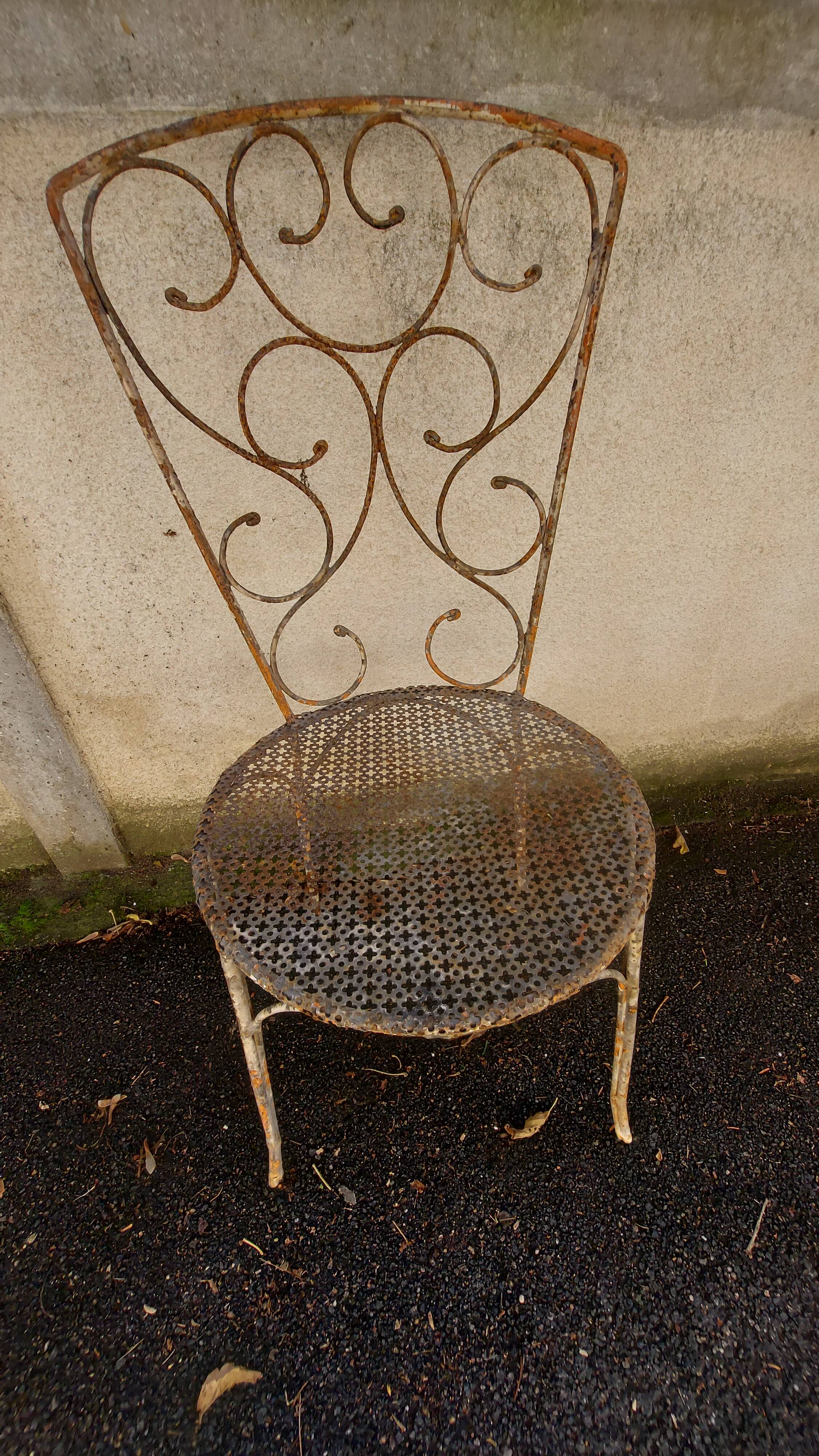 Set of 3 wrought iron garden chairs, rigitulle seat 1940/50
