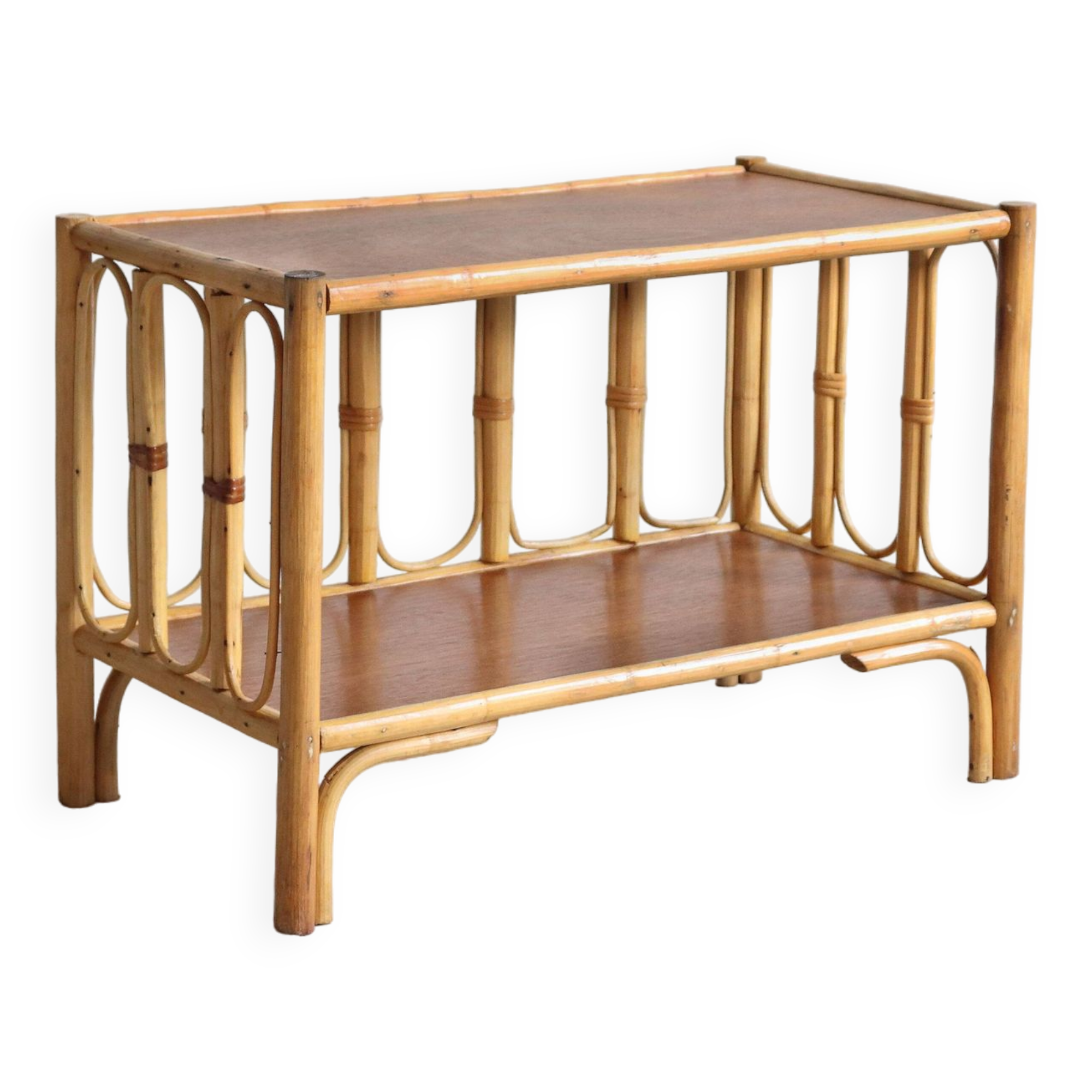 Vintage rectangular side coffee table in wood and rattan with magazine rack