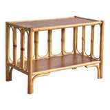 Vintage rectangular side coffee table in wood and rattan with magazine rack