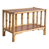 Vintage rectangular side coffee table in wood and rattan with magazine rack