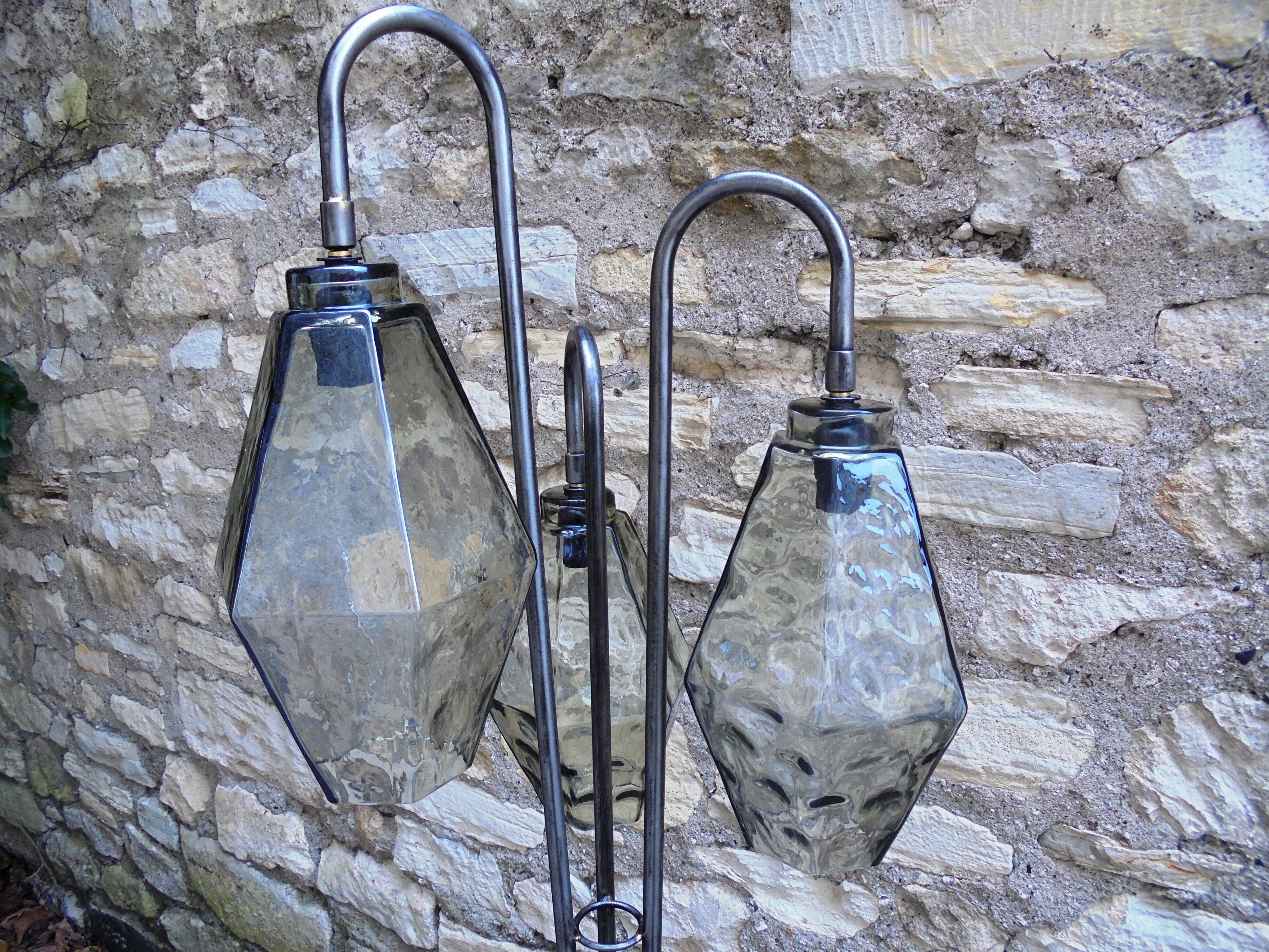 Large tripod steel lamppost and blown glass 1970