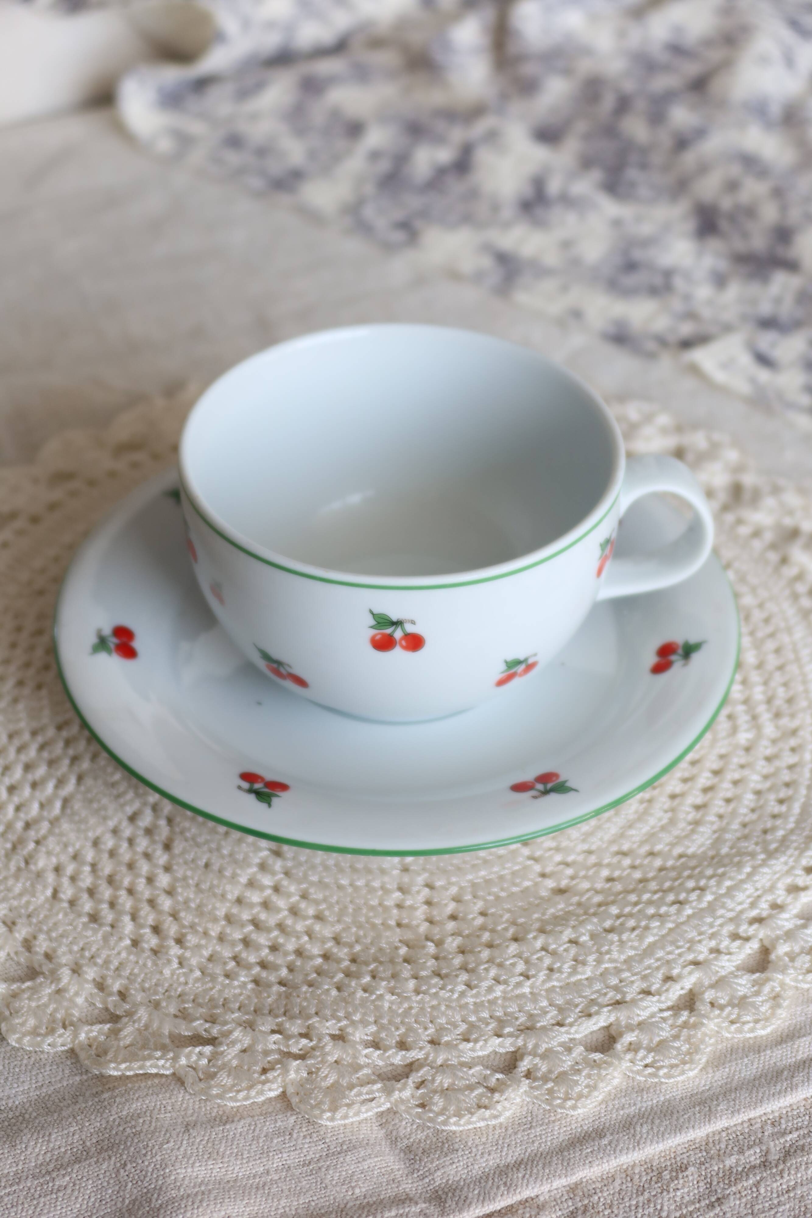 Vintage porcelain cup and saucer - Cherry pattern