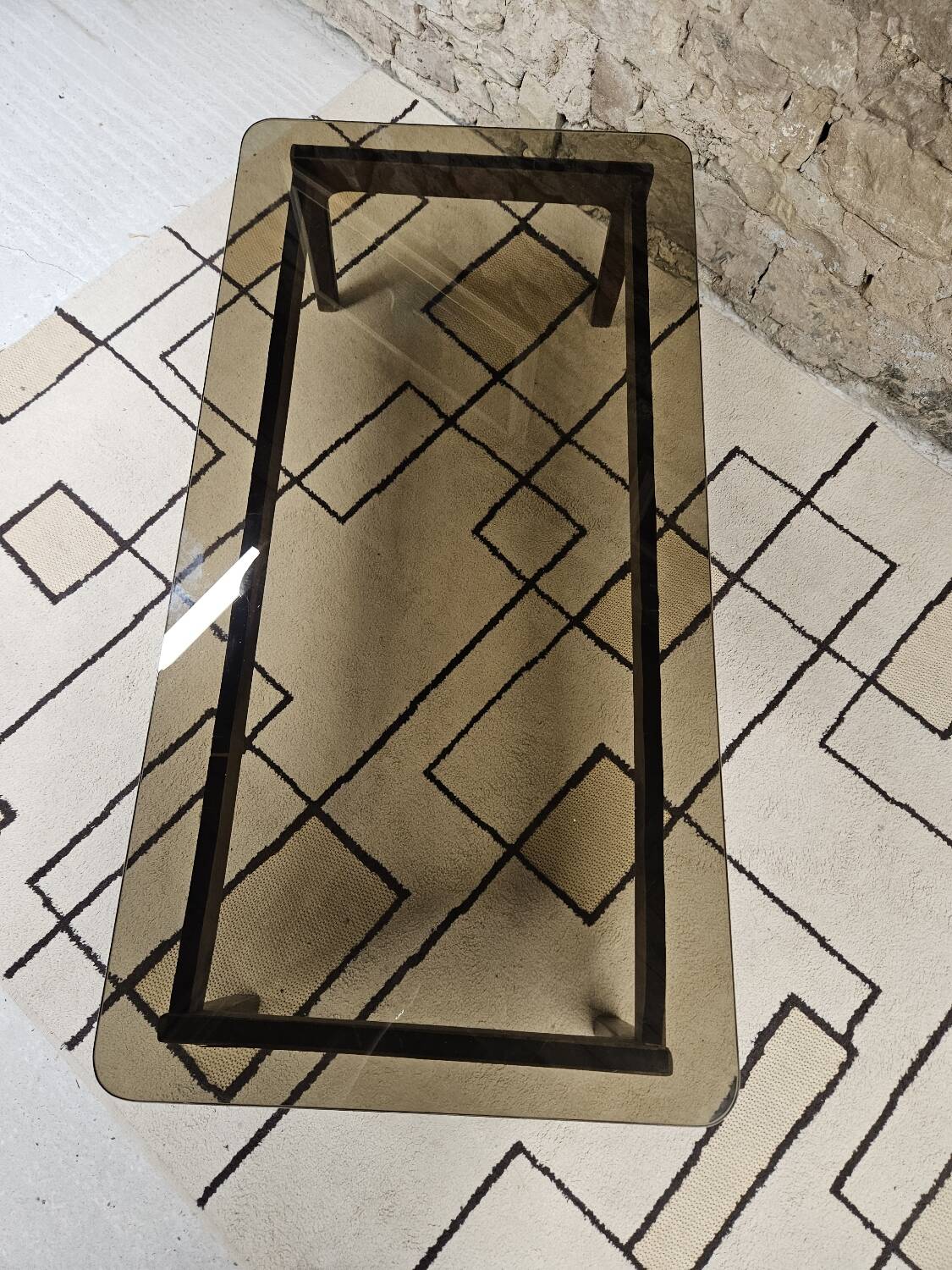 Vintage 1970s smoked glass wood coffee table