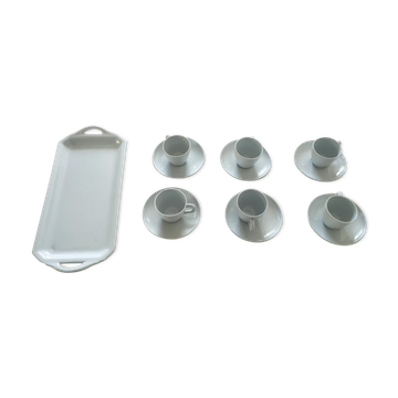 Set of 6 coffee cups with saucers and 1 rectangular dish