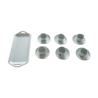 Set of 6 coffee cups with their saucers and 1 rectangular dish