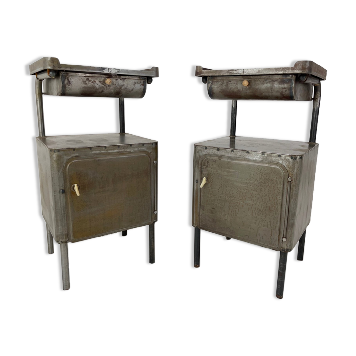 Vintage Industrial Brushed Steel Nightstands, 1920's