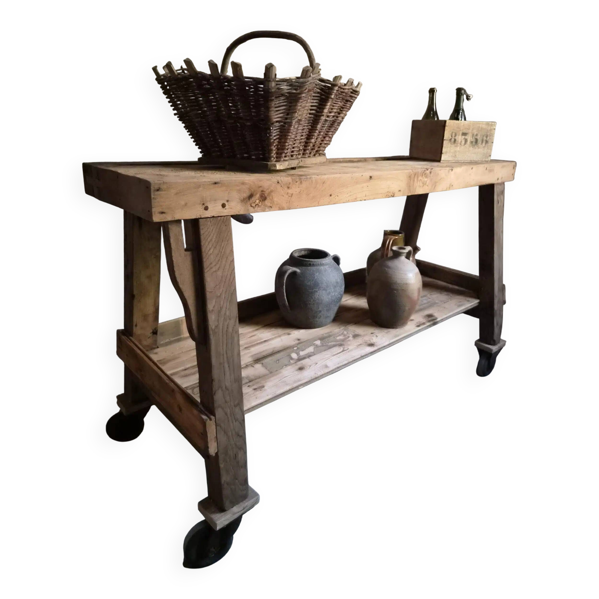 French industrial kitchen island, antique work table in chestnut and oak, circa 1900.