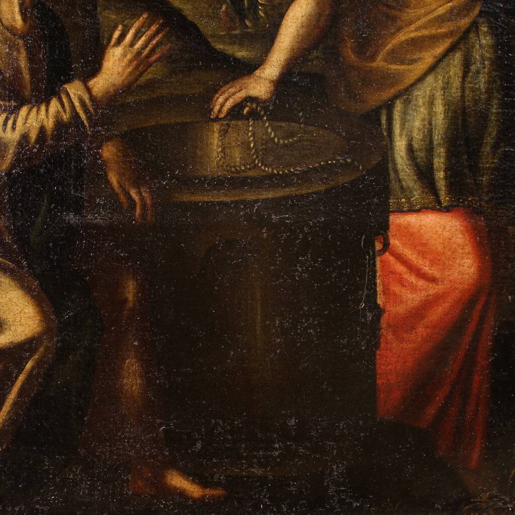 Peinture italienne antique Le Christ et la Samaritaine au puits
