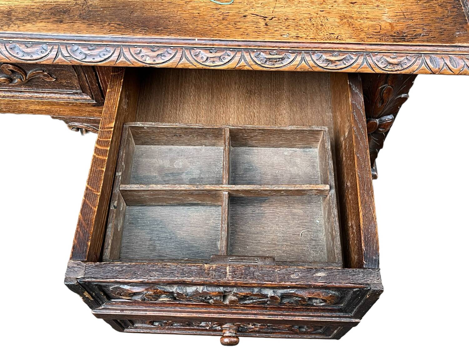 Desk with tiered secret drawer in solid oak Louis XIII