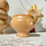 6 vintage Emile Henry ceramic lion head onion soup bowls - beige and honey, made in France