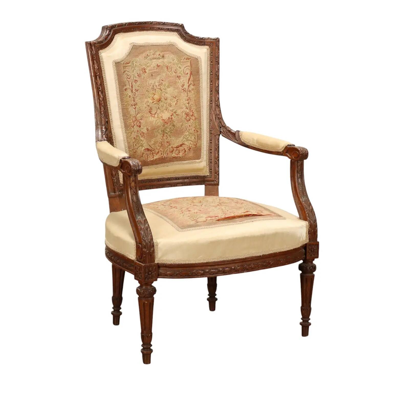Antique beech armchair stained walnut, fabric, Italy, 19th century