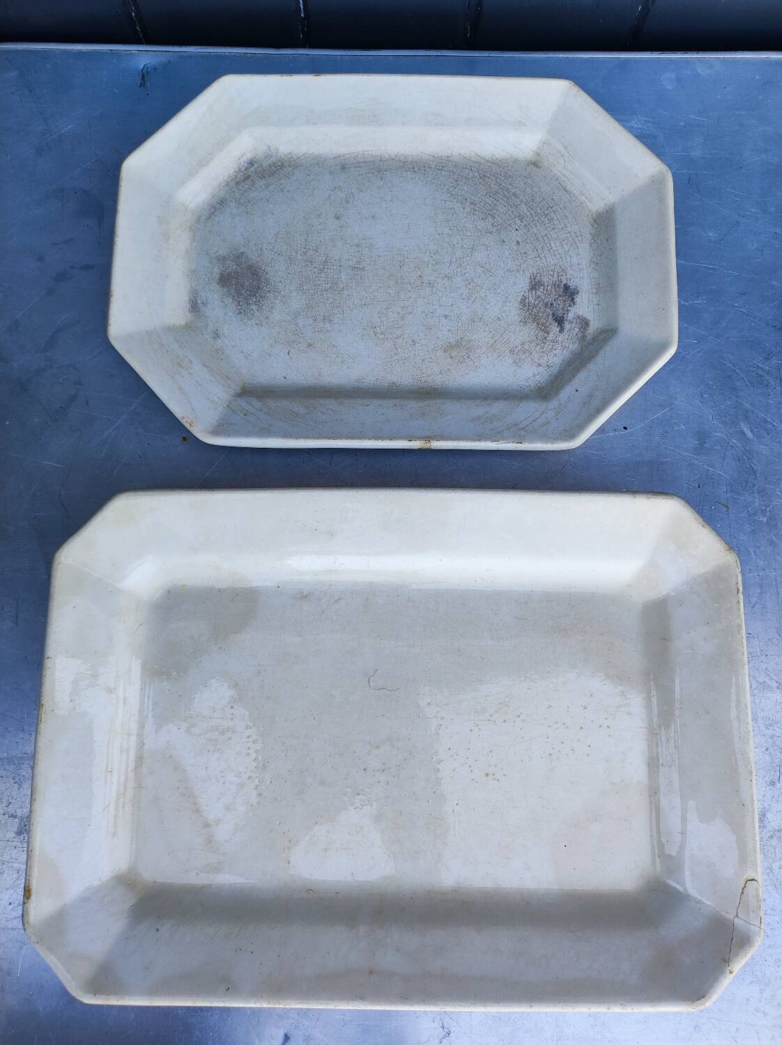 2 old earthenware dishes, one from Gien