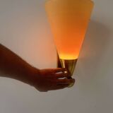 Pair of vintage wall lights, amber glass and patinated brass, France 1960