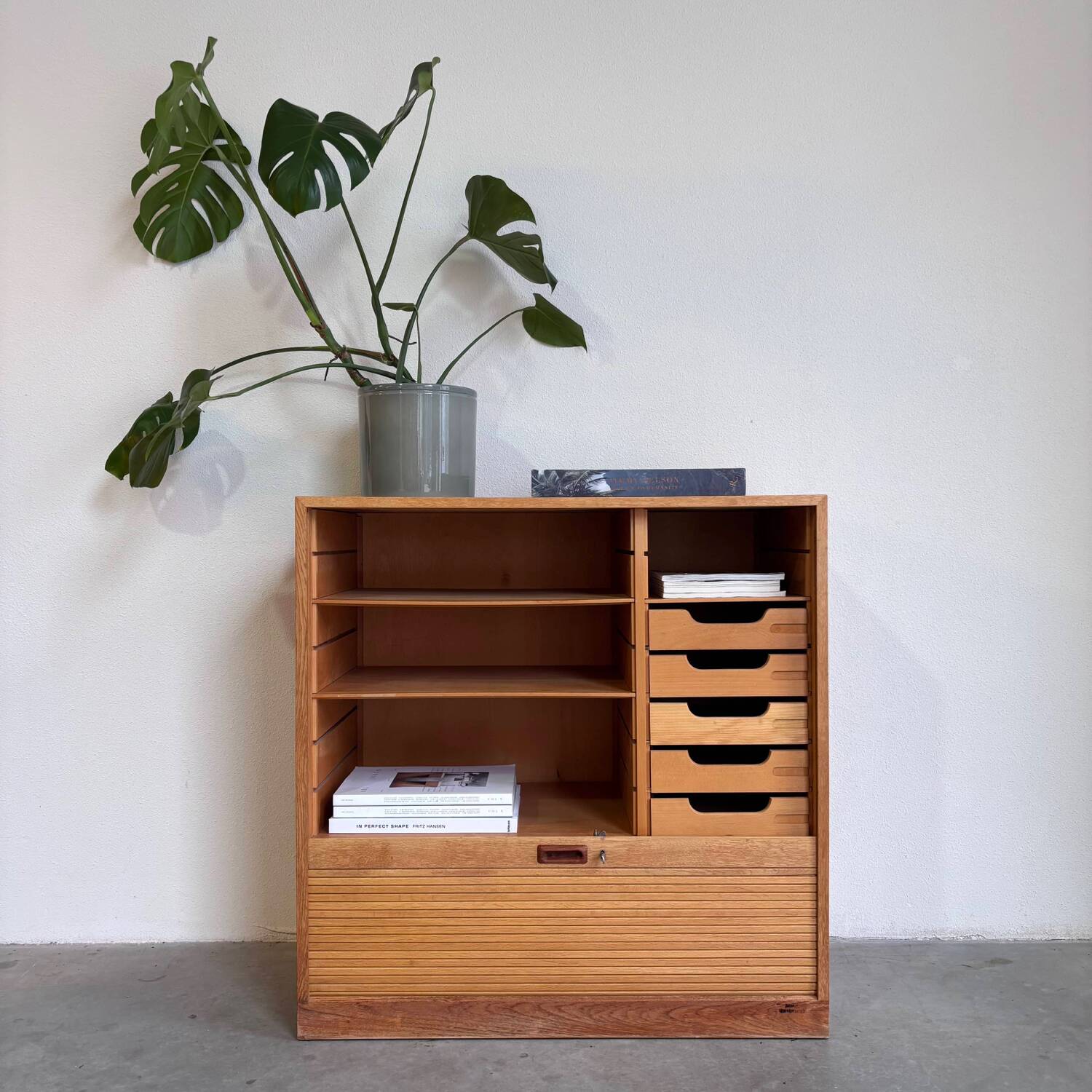 Vintage tambour cabinet - archive in oak