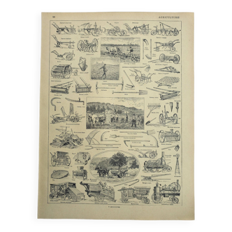 Gravure ancienne 1928, Agriculture d'époque, outil, machine • Lithographie, Planche originale