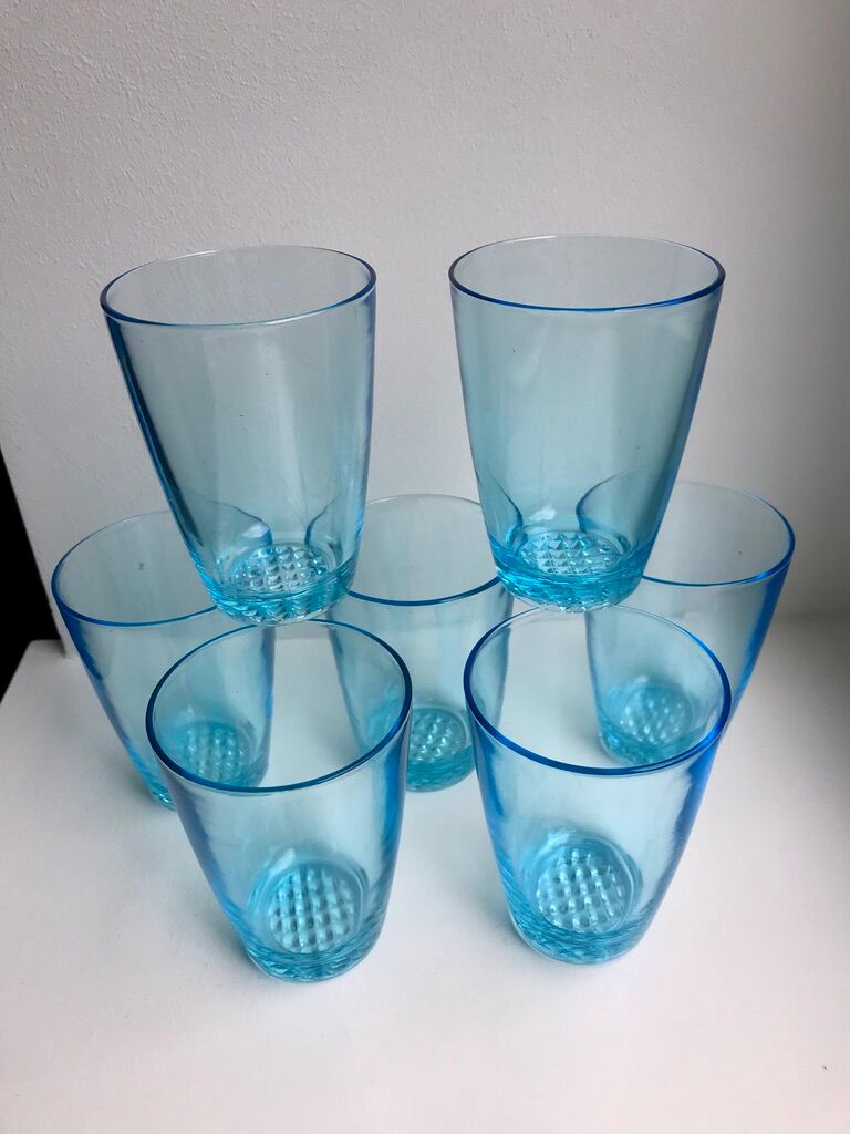 Set of 7 water glasses Made in France blue glass 70s